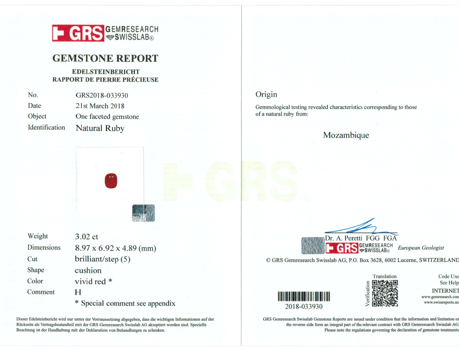 Gemstone report card with GRS logo and gemstone image on a white background