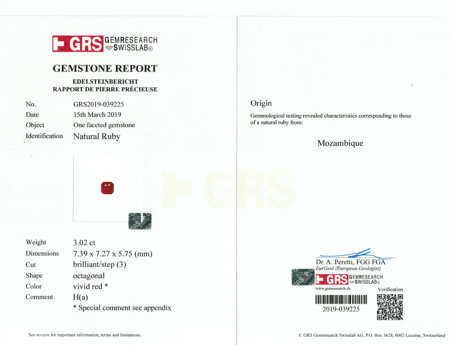 Gemstone report card with GRS logo and text on a white background