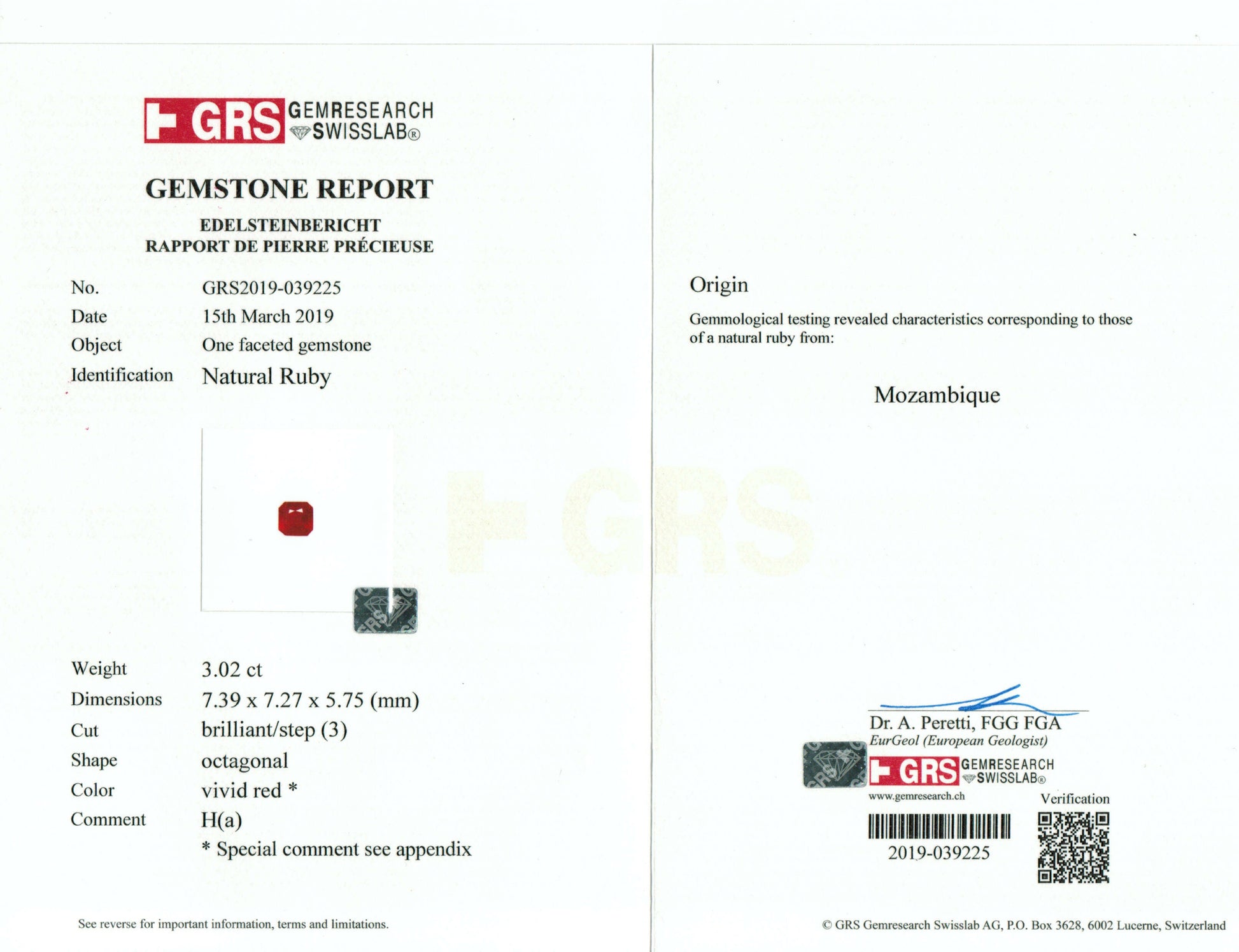 Gemstone report card with GRS logo and text on a white background