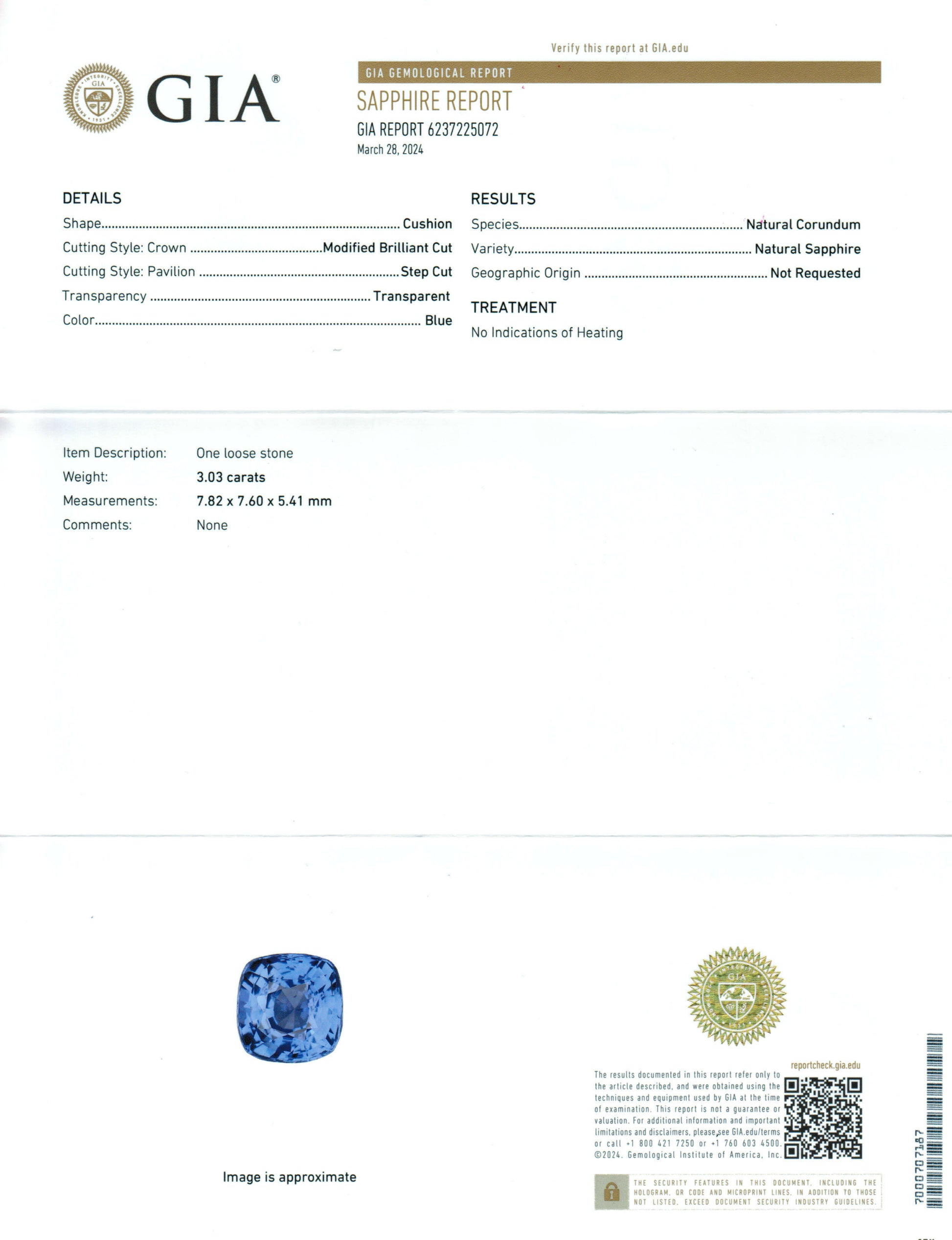 3.03 Carat Cushion Cut No Heat Medium Blue Sapphire Loose Gemstone GIA Certified Certification