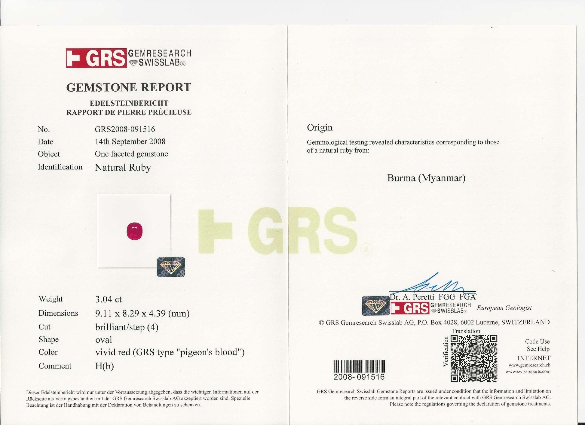 Gemstone report with GRS logo and text on a white background