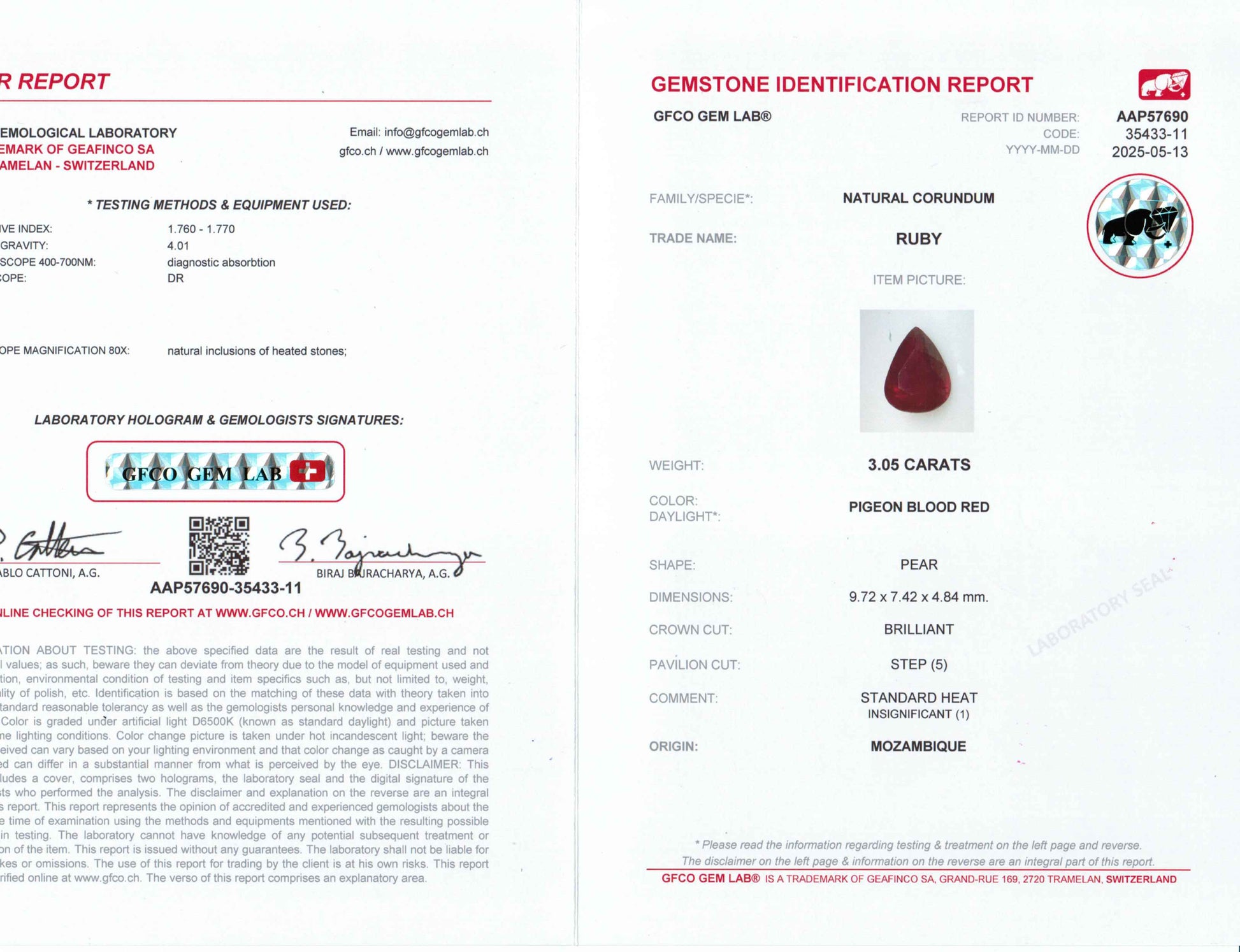 3.05 Carats Pear Cut Heat Pigeon Blood Red Ruby Loose Gemstone GFCO