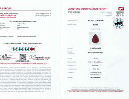 3.05 Carats Pear Cut Heat Pigeon Blood Red Ruby Loose Gemstone GFCO