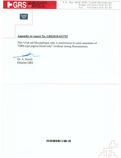 Document with GRS logo and text about a vivid red Mozambique ruby