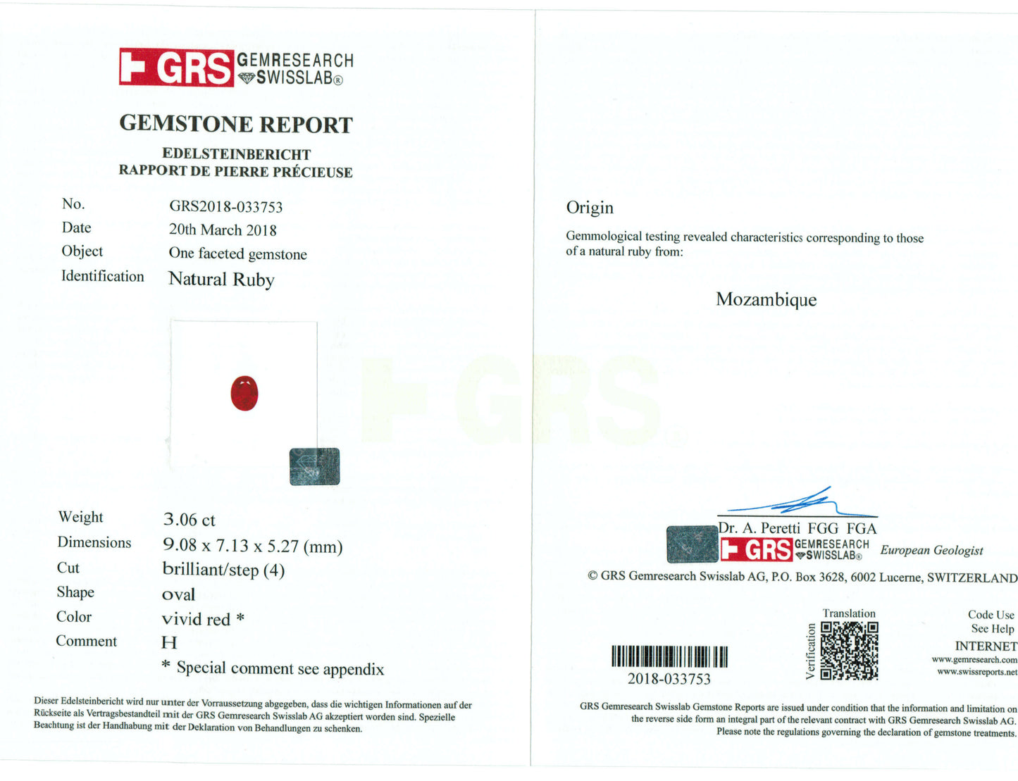 gemstone report with an Oval red ruby gemstone on a white background