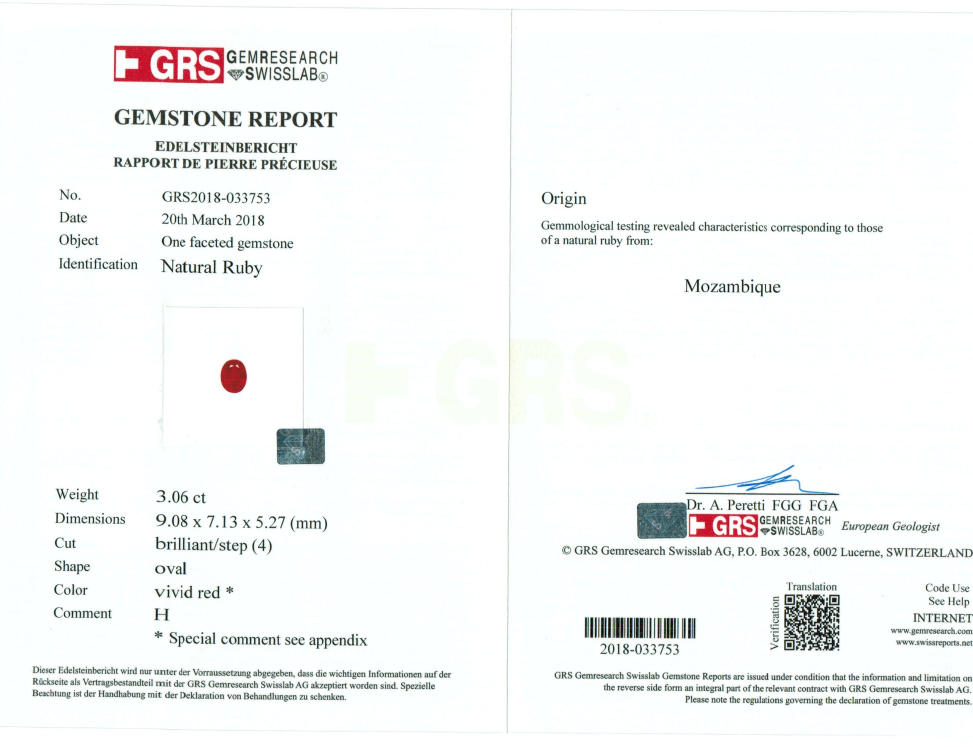 gemstone report with an Oval red ruby gemstone on a white background