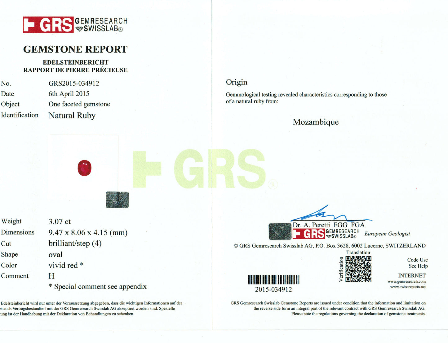 GRS (Gemological Research Society) gemstone report on a natural ruby with details and certification.