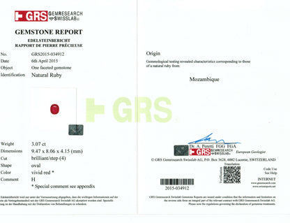 GRS (Gemological Research Society) gemstone report on a natural ruby with details and certification.