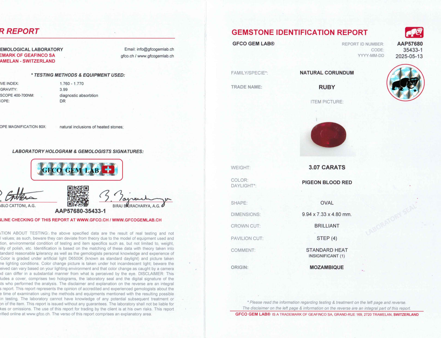 3.07 Carats Oval Cut Heat Pigeon Blood Red Ruby Loose Gemstone GFCO Certification