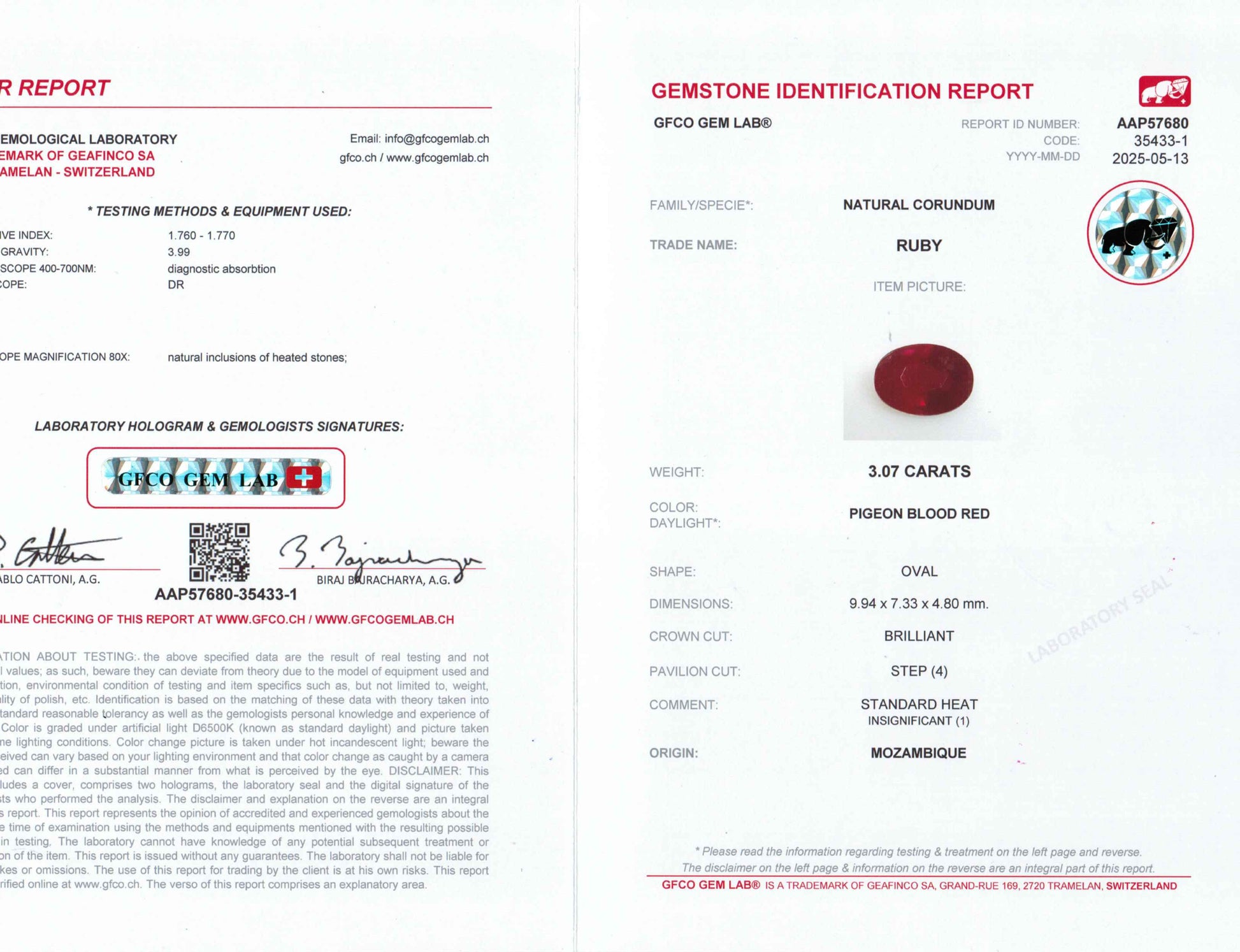 3.07 Carats Oval Cut Heat Pigeon Blood Red Ruby Loose Gemstone GFCO Certification