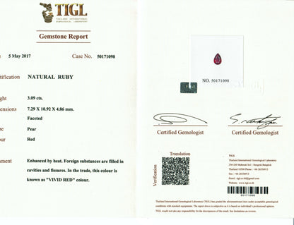 3.09 Carats Pear Cut Heat Pigeon Blood Red Ruby Loose Gemstone TIGL Certificate