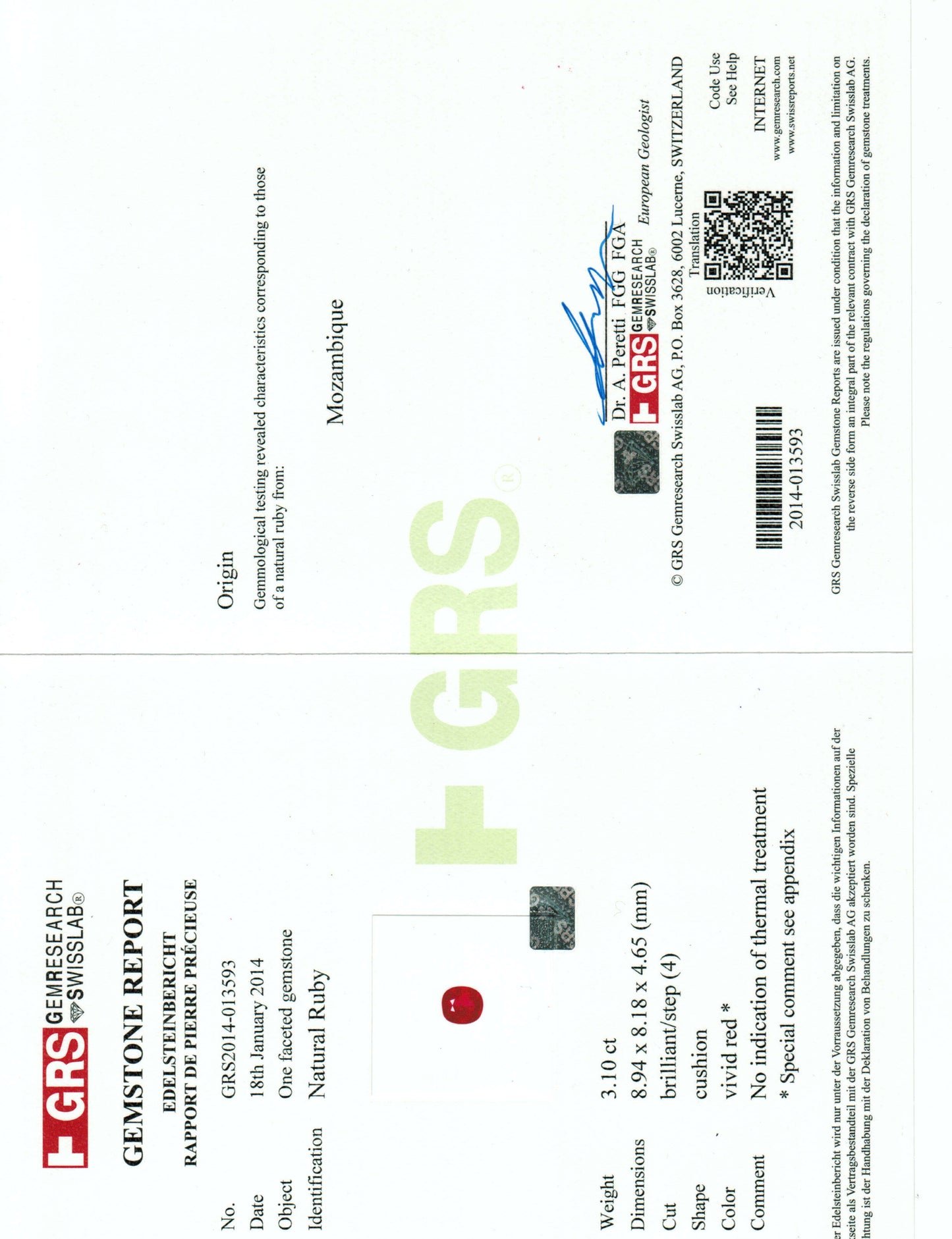 GRS gemstone report with GRS logo and text on a white background