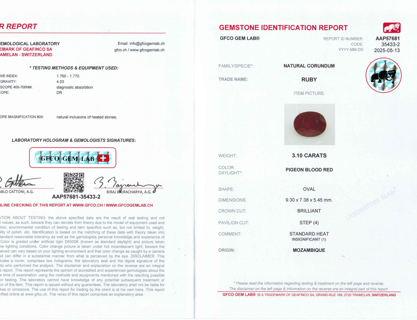 3.10 Carats Oval Cut Heat Pigeon Blood Red Ruby Loose Gemstone GFCO