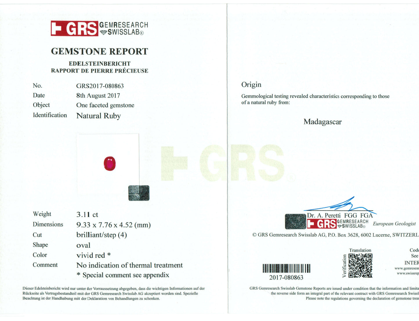 3.11 Carats Oval Cut No Heat Pigeon Blood Red Ruby Loose Gemstone GRS Certificate