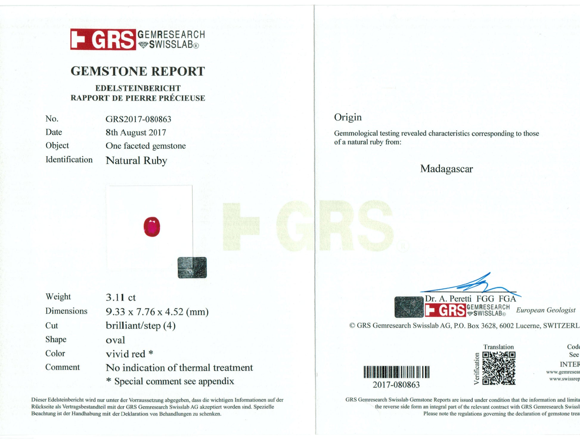 3.11 Carats Oval Cut No Heat Pigeon Blood Red Ruby Loose Gemstone GRS Certificate