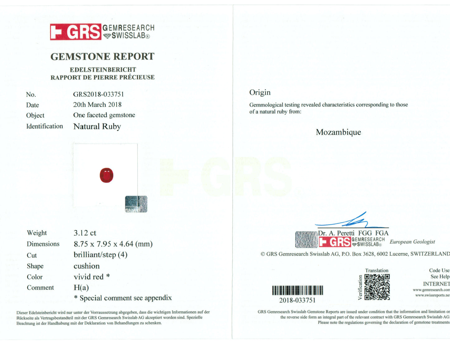 3.12 Carats Cushion Cut Heat Pigeon Blood Red Ruby Loose Gemstone GRS Certificate