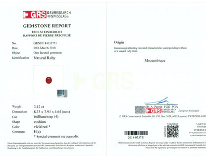 3.12 Carats Cushion Cut Heat Pigeon Blood Red Ruby Loose Gemstone GRS Certificate
