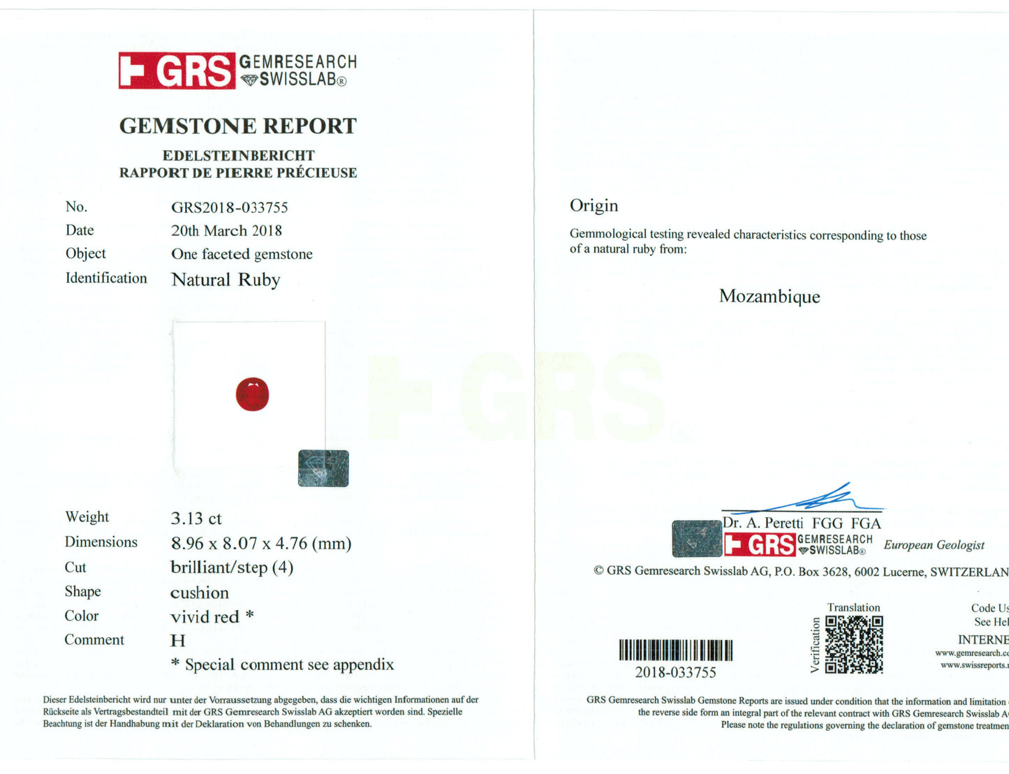 3.13 Carats Cushion Cut Heat Pigeon Blood Red Ruby Loose Gemstone GRS Certificate