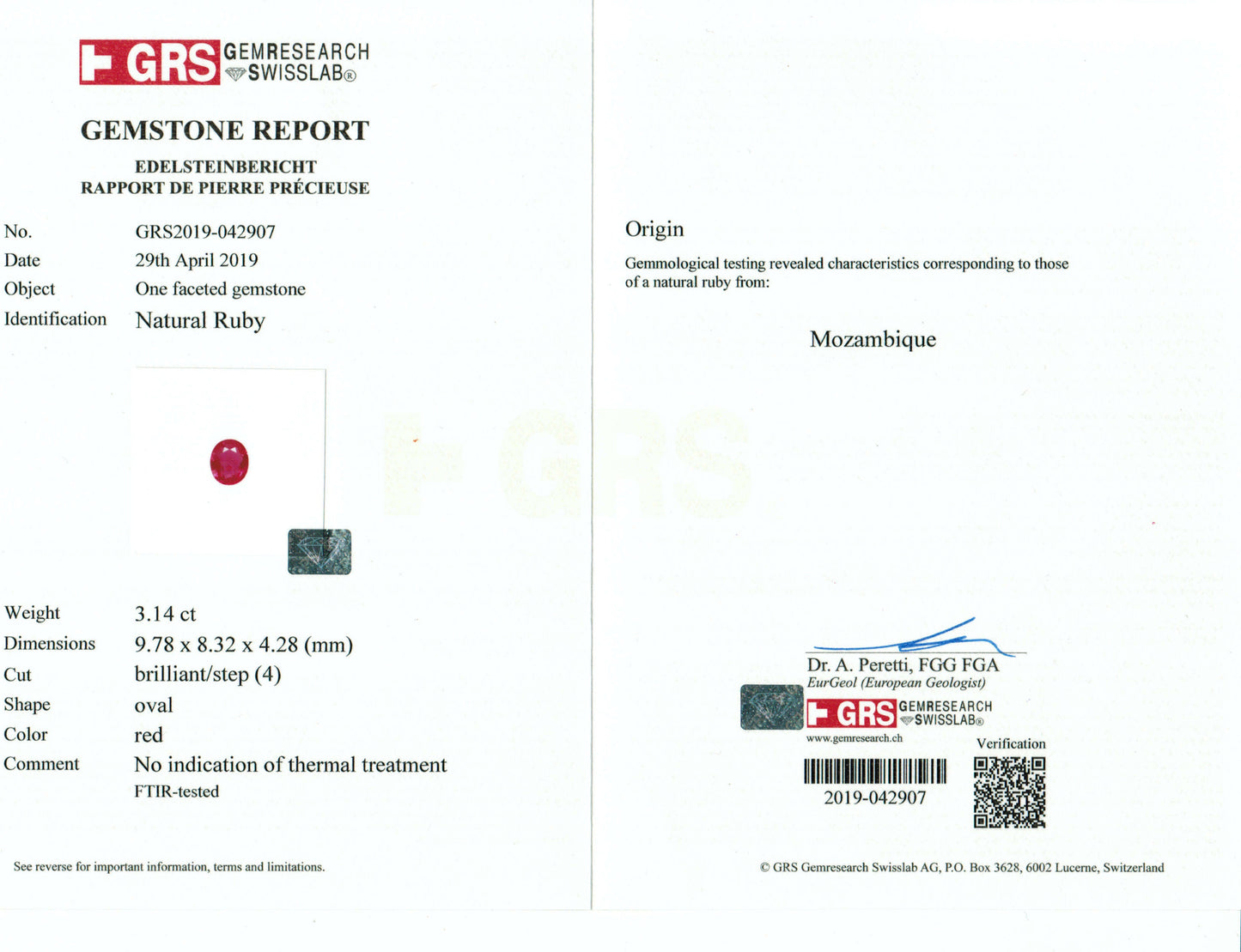 3.14 Carats Oval Cut No Heat Red Ruby Loose Gemstone GRS Certificate