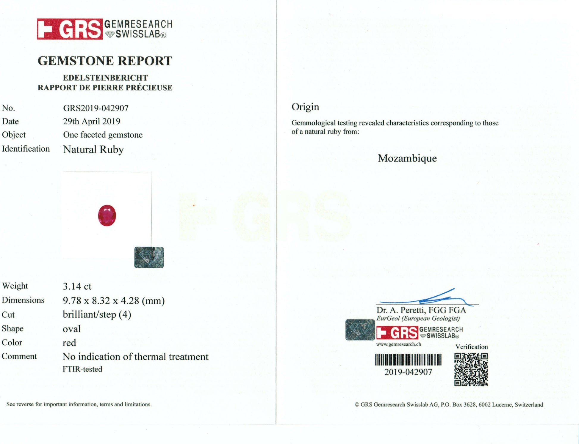 3.14 Carats Oval Cut No Heat Red Ruby Loose Gemstone GRS Certificate