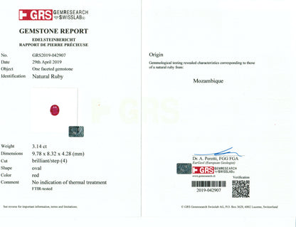 3.14 Carats Oval Cut No Heat Red Ruby Loose Gemstone GRS Certificate