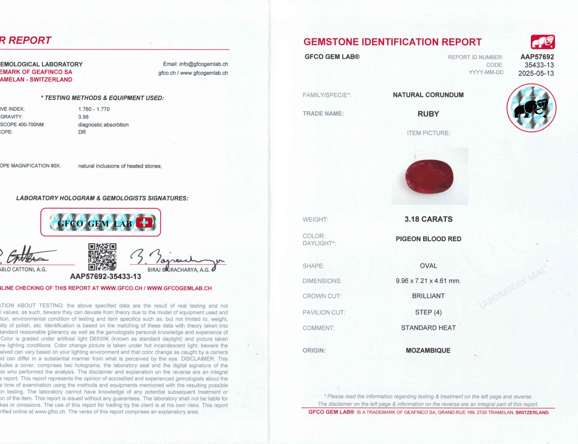 3.18 Carats Oval Cut Heat Pigeon Blood Red Ruby Loose Gemstone GFCO Certification