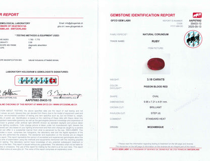 3.18 Carats Oval Cut Heat Pigeon Blood Red Ruby Loose Gemstone GFCO Certification