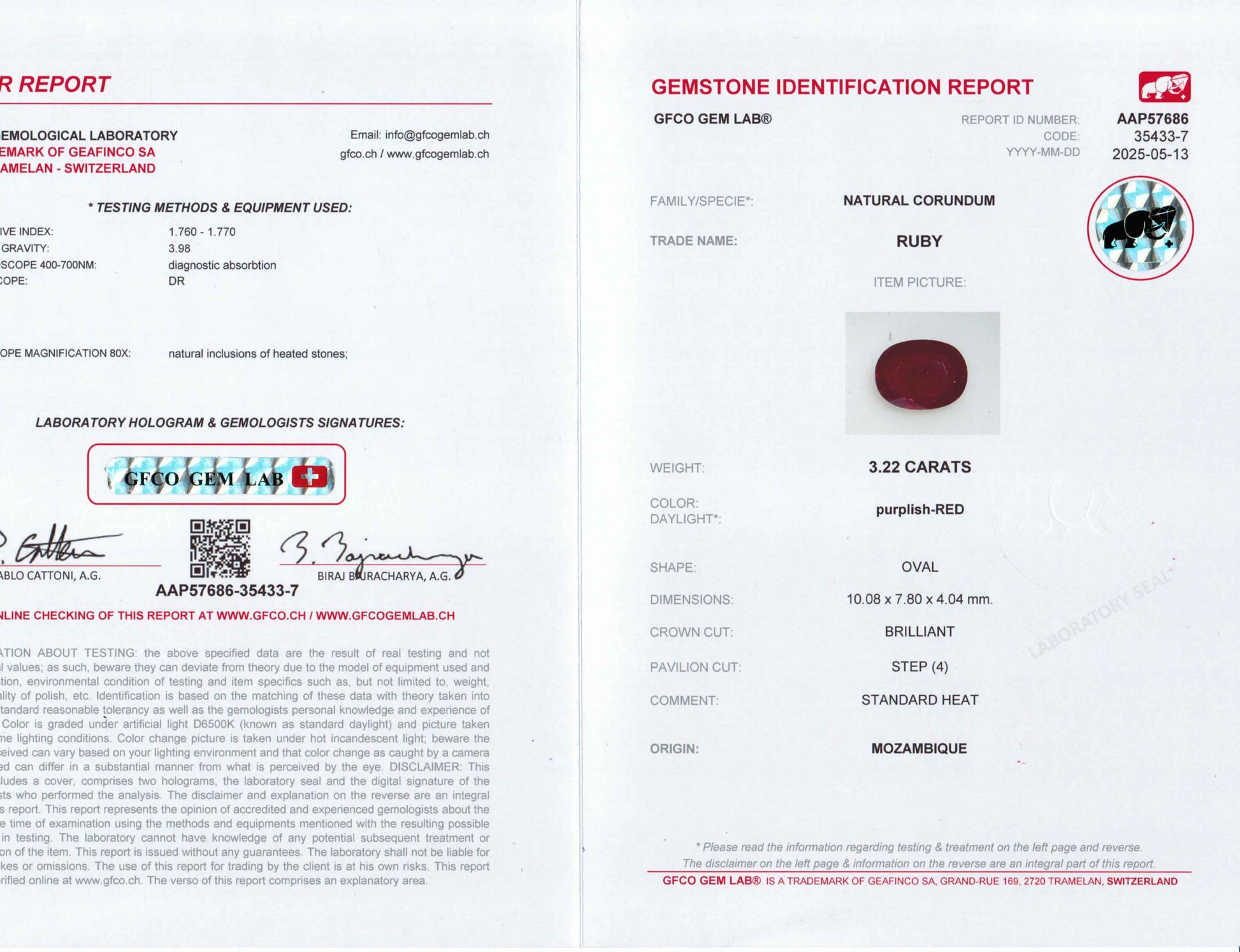 3.22 Carats Oval Cut Heat Purplish Red Ruby Loose Gemstone GFCO Certification