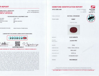 3.22 Carats Oval Cut Heat Purplish Red Ruby Loose Gemstone GFCO Certification