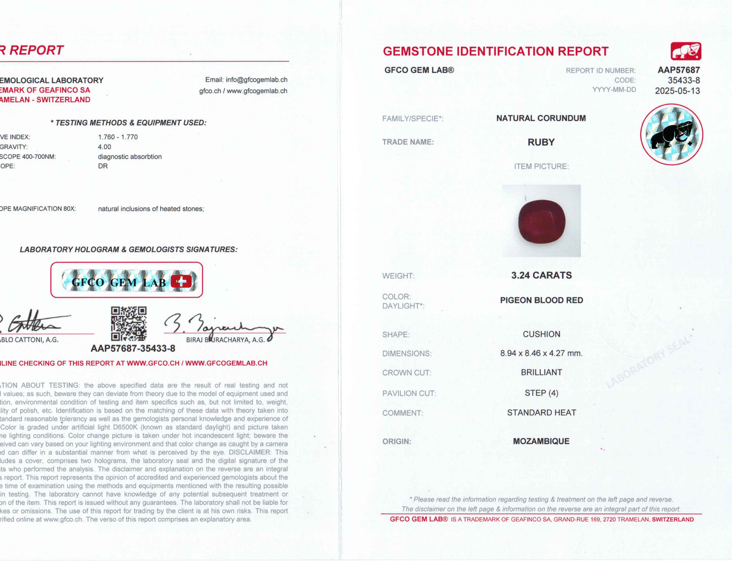 3.24 Carats Cushion Cut Heat Pigeon Blood Red Ruby Loose Gemstone GFCO Certification