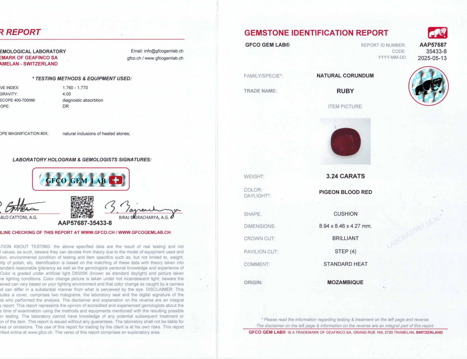 3.24 Carats Cushion Cut Heat Pigeon Blood Red Ruby Loose Gemstone GFCO Certification