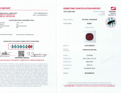 3.24 Carats Cushion Cut Heat Pigeon Blood Red Ruby Loose Gemstone GFCO Certification