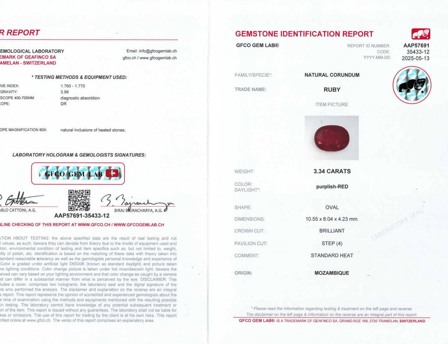 3.34 Carats Oval Cut Heat Purplish Red Ruby Loose Gemstone GFCO Certification