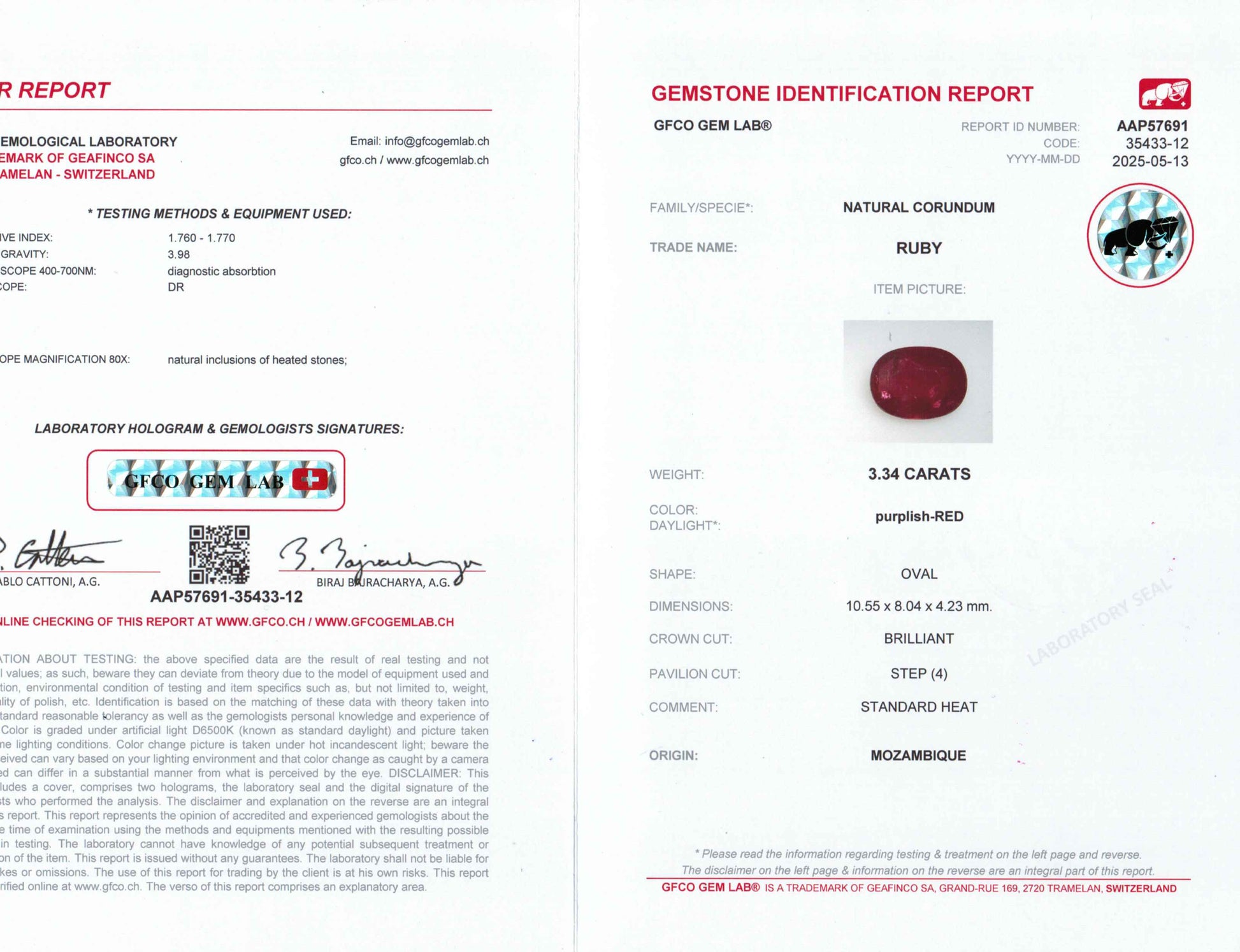 3.34 Carats Oval Cut Heat Purplish Red Ruby Loose Gemstone GFCO Certification