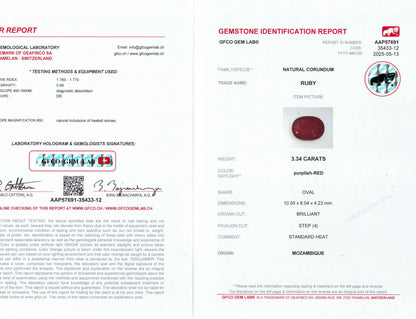 3.34 Carats Oval Cut Heat Purplish Red Ruby Loose Gemstone GFCO Certification