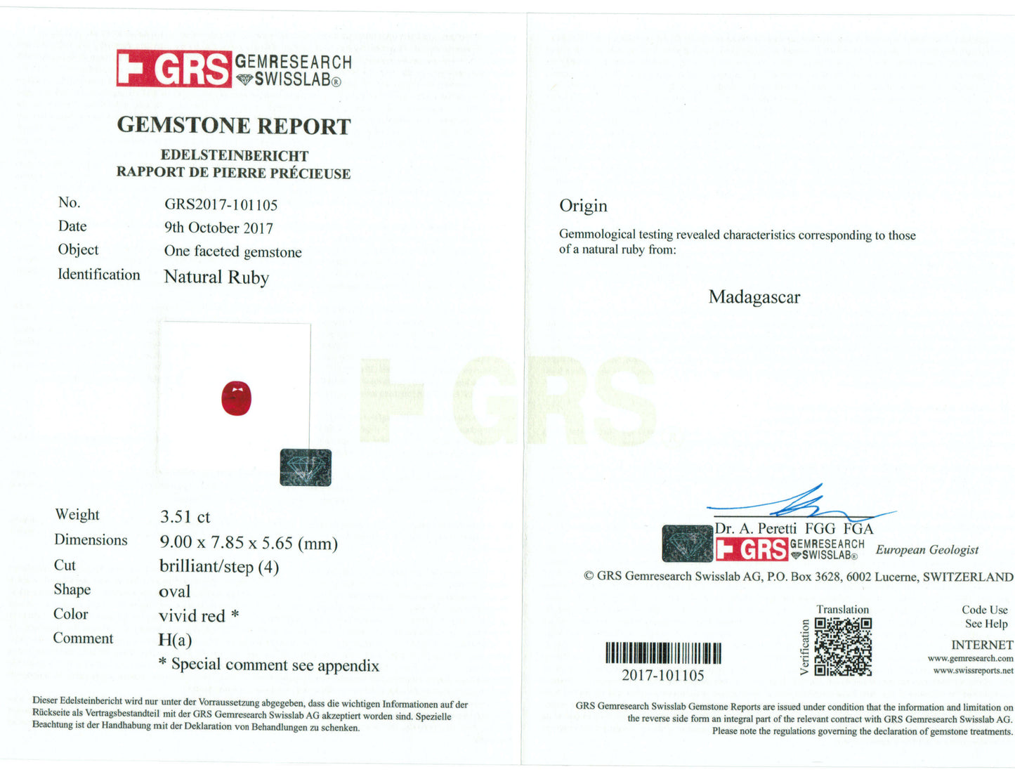 3.51 Carats Oval Cut Heat Pigeon Blood Red Ruby Loose Gemstone GRS report