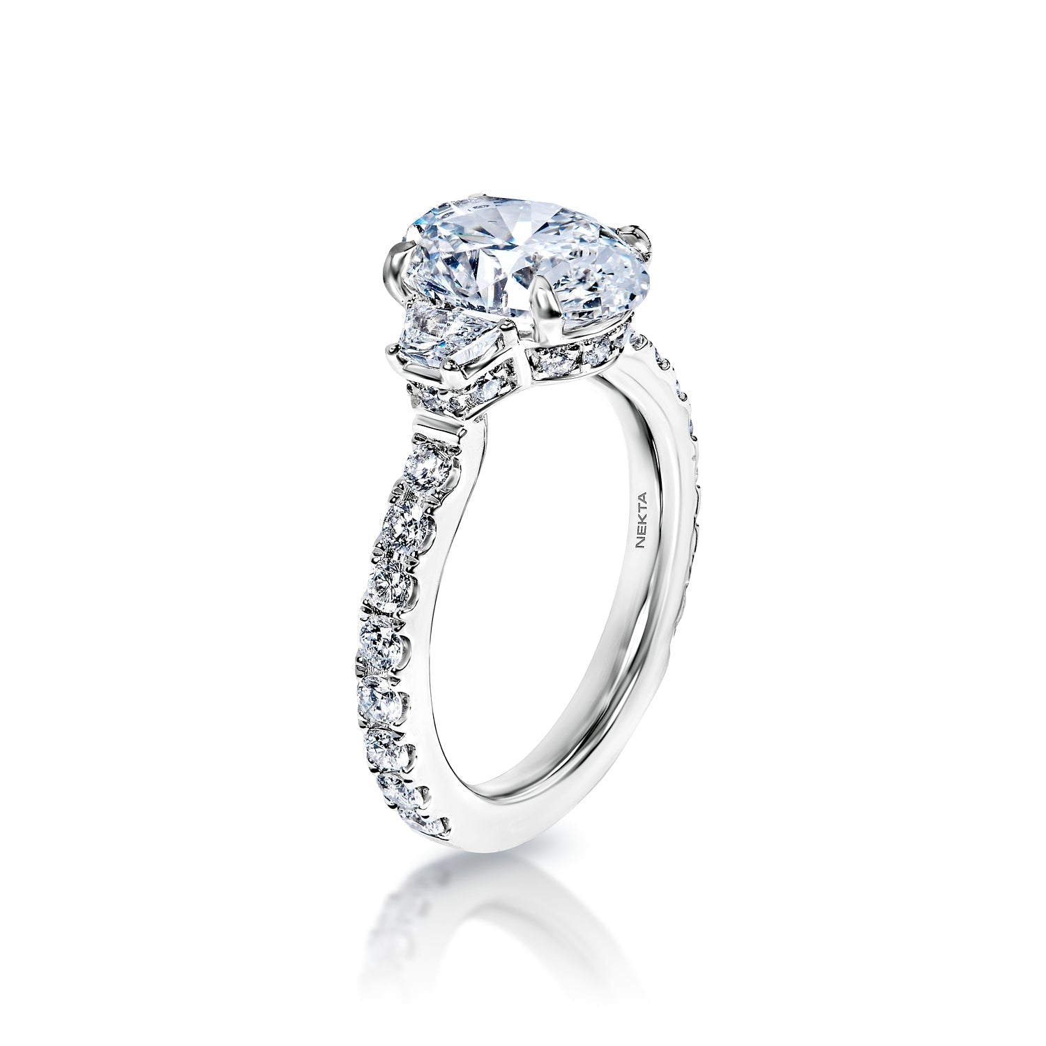 Romina 4 Carat F VVS1 Oval Cut Diamond Engagement Ring in 18k White Gold Side View