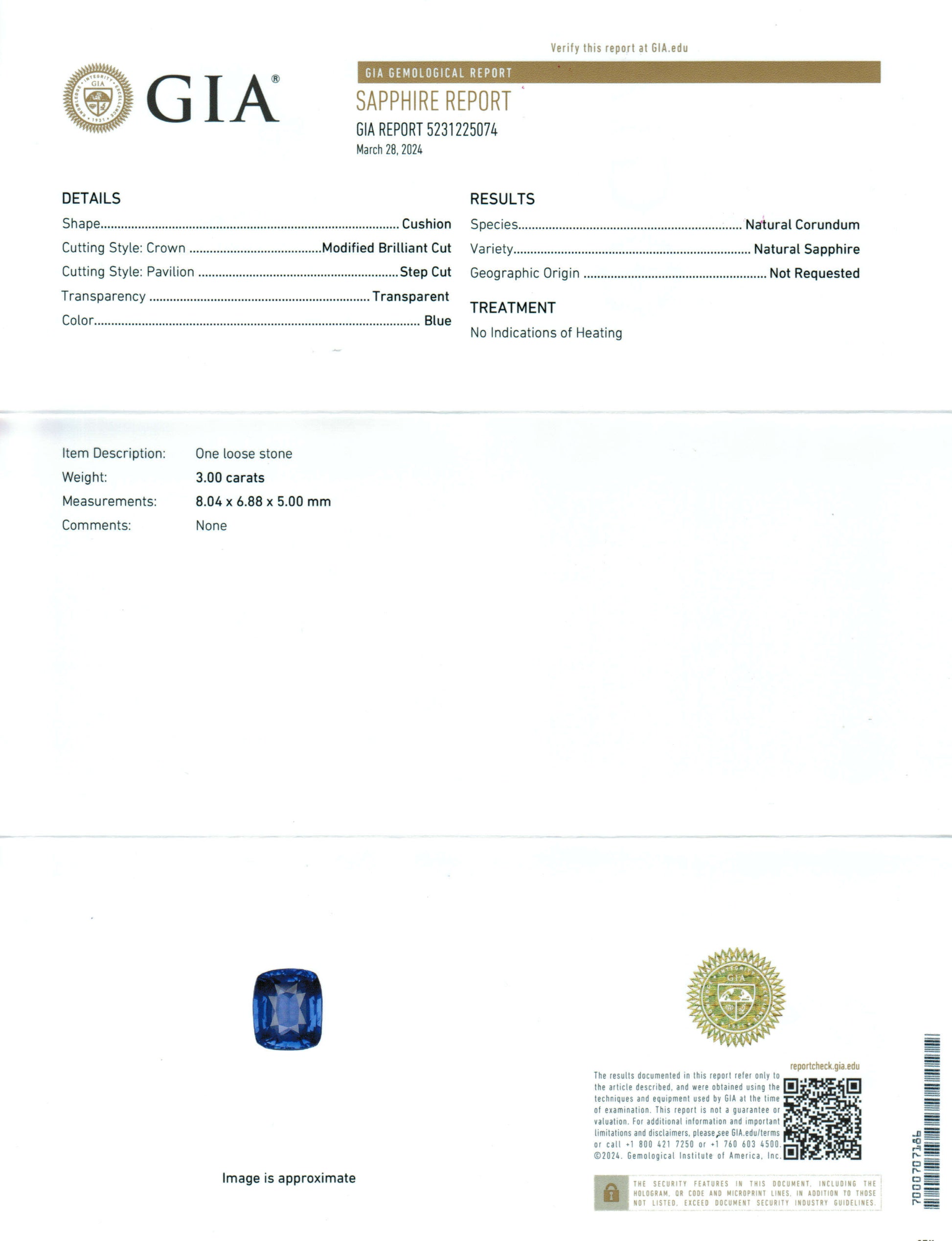 3 Carat Cushion Cut No Heat Medium Blue Sapphire Loose Gemstone GIA Certified Certification