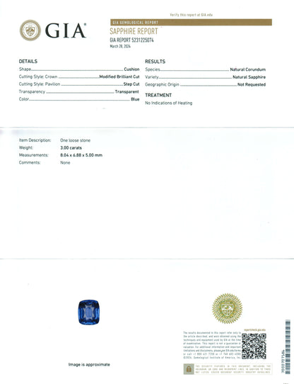 3 Carat Cushion Cut No Heat Medium Blue Sapphire Loose Gemstone GIA Certified Certification