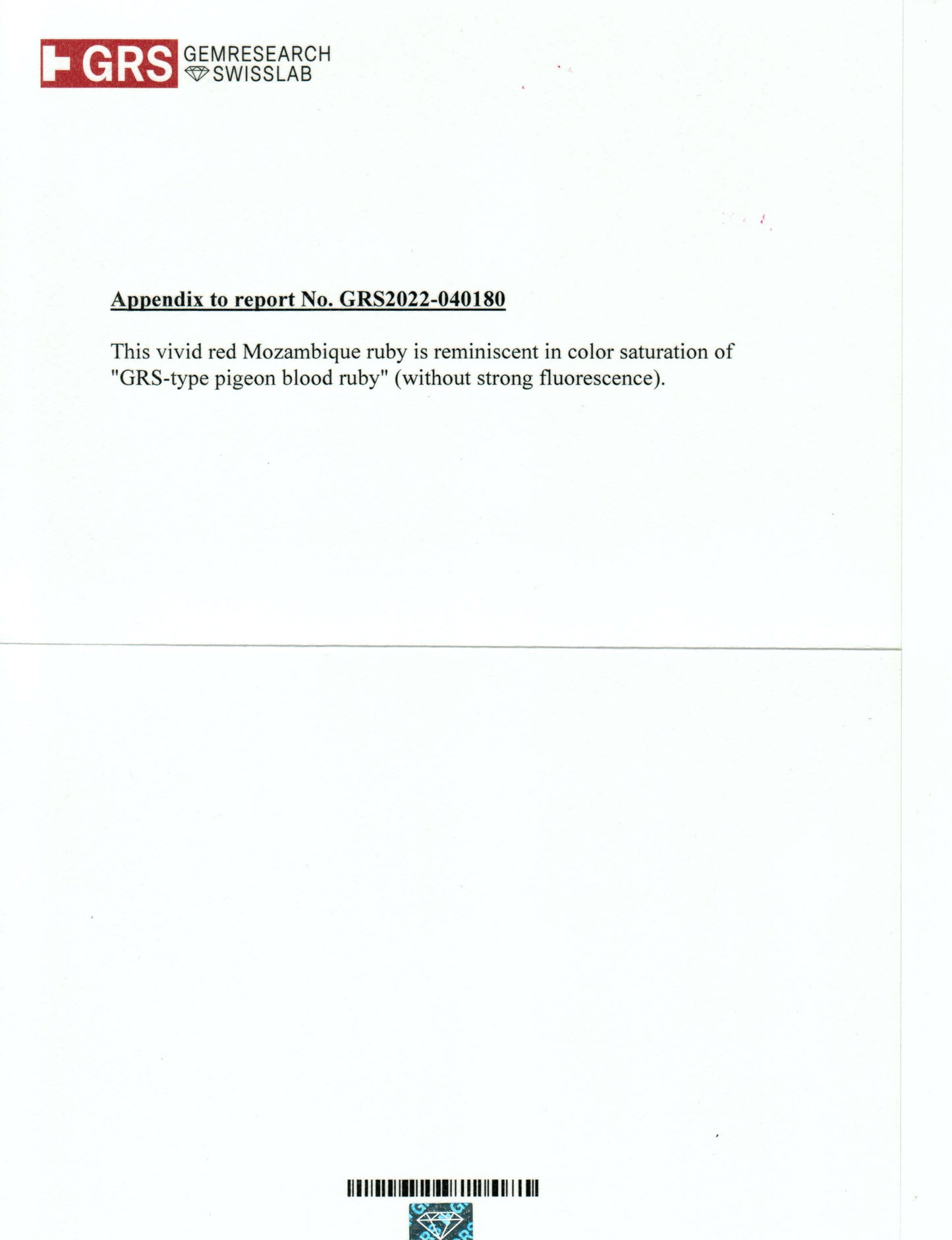 Document with text about a vivid red Mozambique ruby and GRS logo on a white background