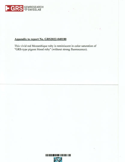 Document with text about a vivid red Mozambique ruby and GRS logo on a white background
