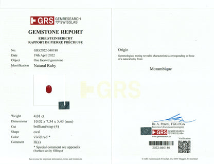 Gemstone report card with GRS logo and text on a white background