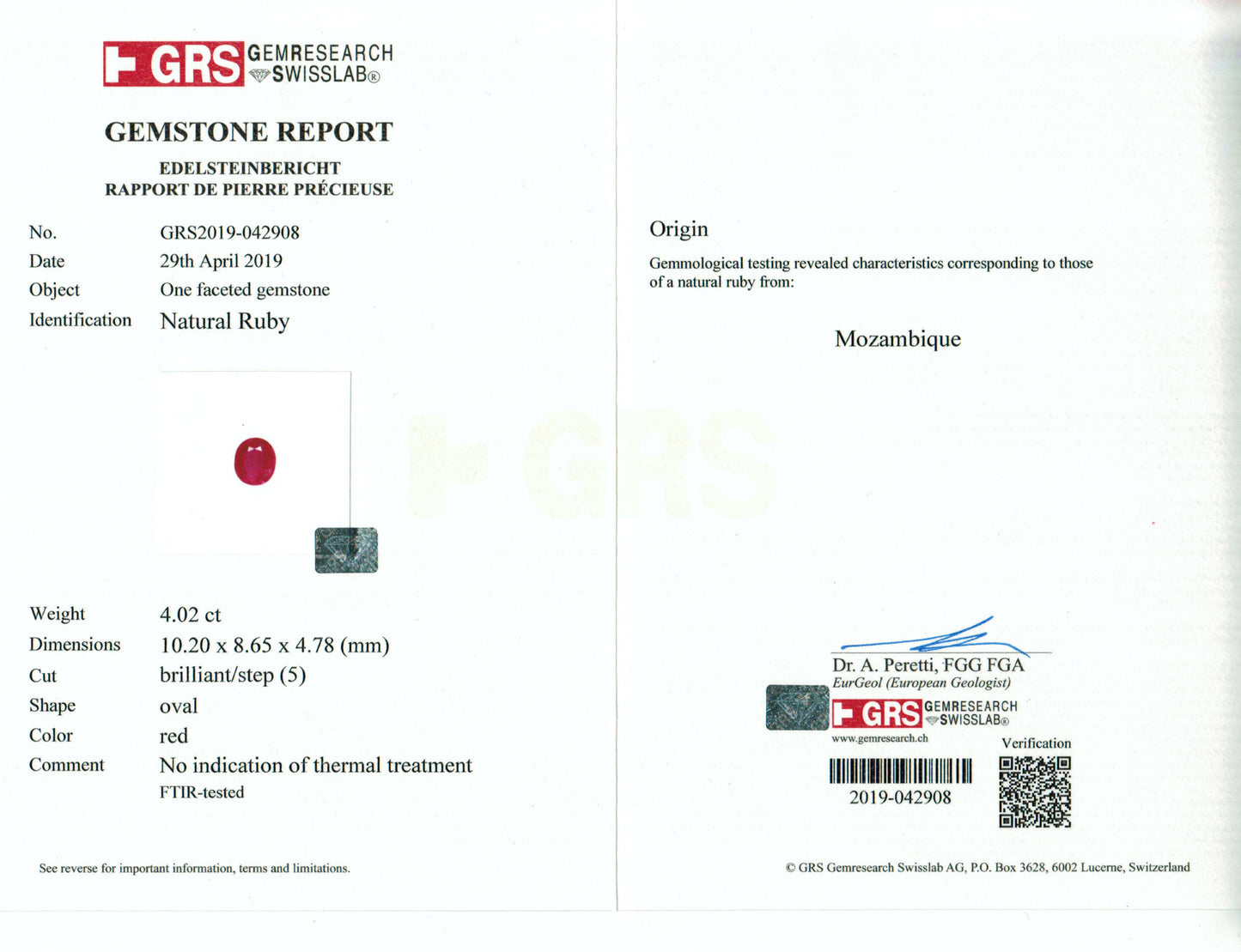 Gemstone report card with GRS logo and gemstone image on a white background