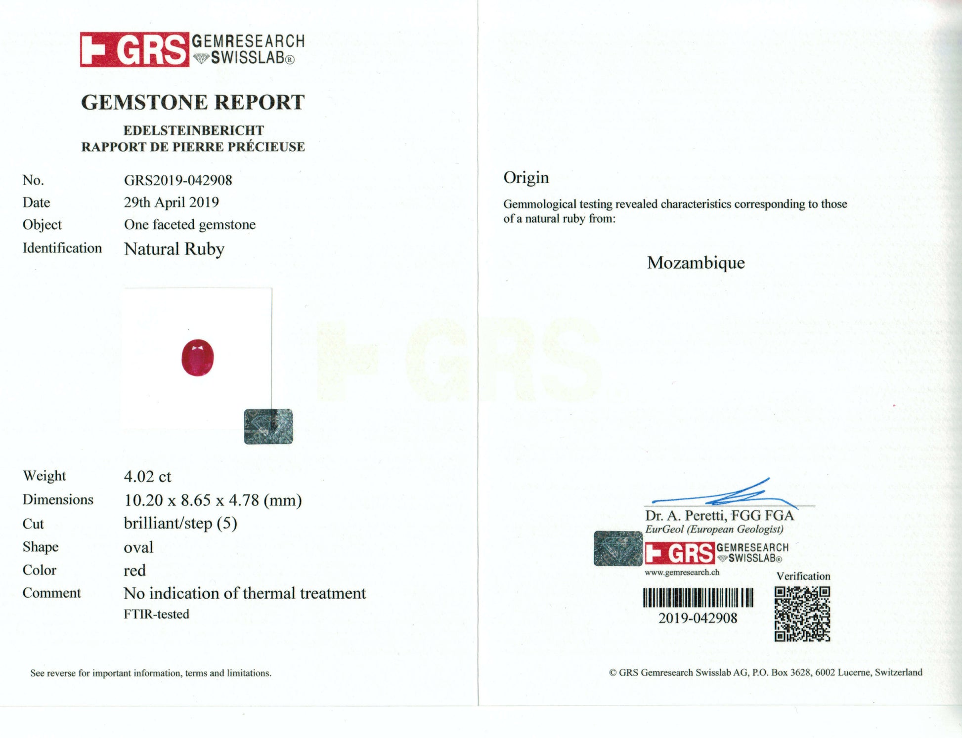 Gemstone report card with GRS logo and gemstone image on a white background