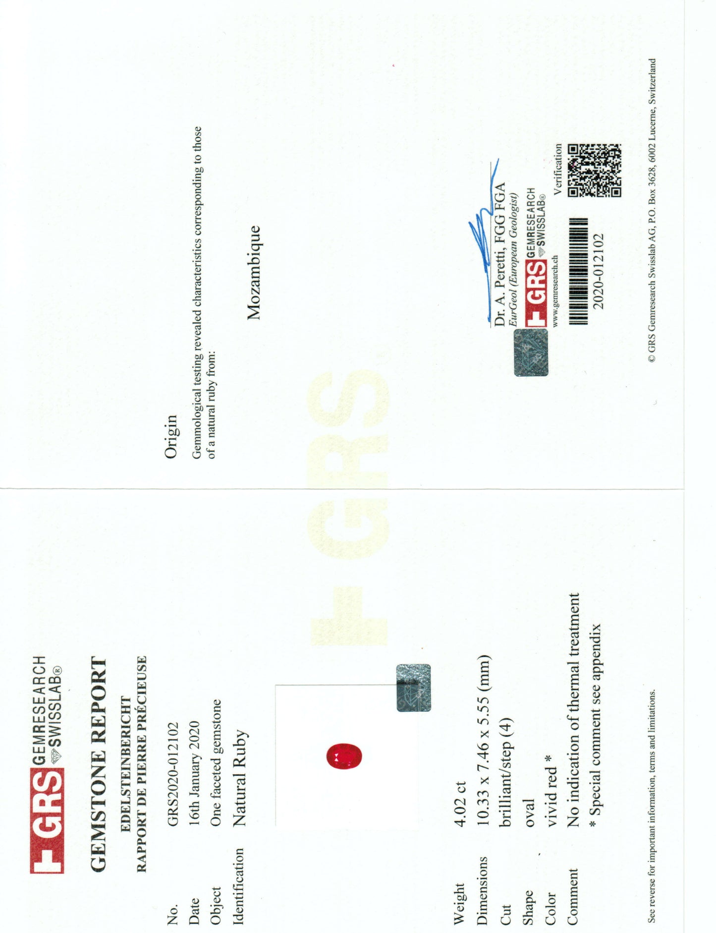 Gemstone report with GRS logo and text on a white background