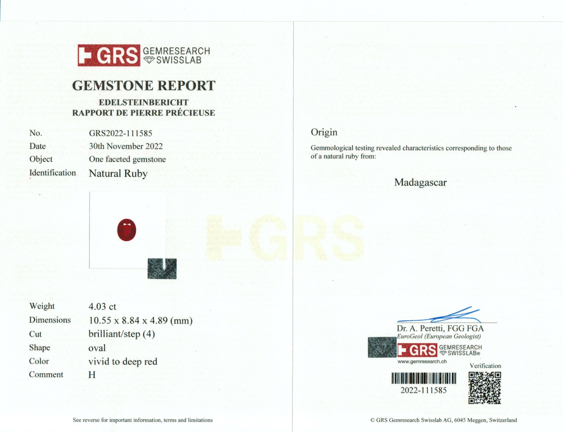 Gemstone report with GRS logo on a white background