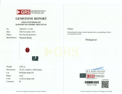 Gemstone report with GRS logo on a white background