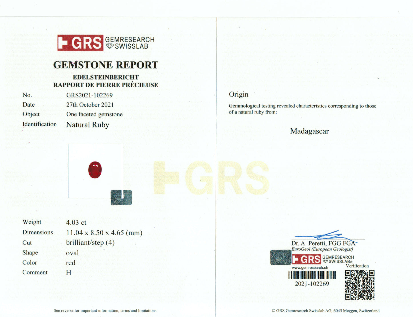 4.03 Carats Oval Cut Heat Vivid Red Ruby Loose Gemstone GRS Certificate