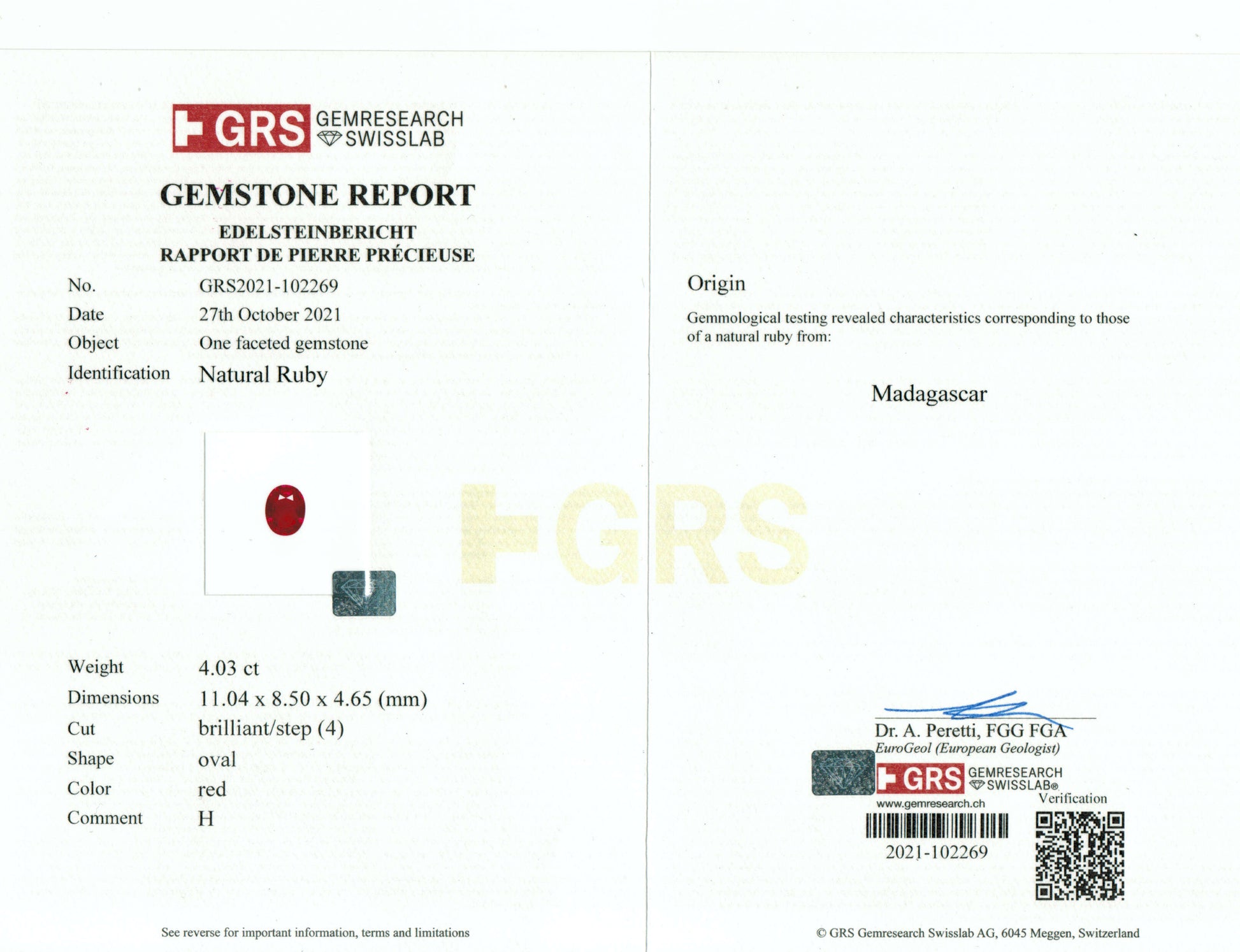 4.03 Carats Oval Cut Heat Vivid Red Ruby Loose Gemstone GRS Certificate