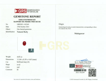 4.03 Carats Oval Cut Heat Vivid Red Ruby Loose Gemstone GRS Certificate